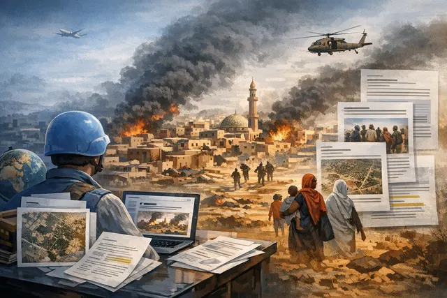 Editorial illustration depicting the UN's urgent warning over the RSF ground offensive on Sudan's El-Obeid, with imagery of conflict and humanitarian crisis
