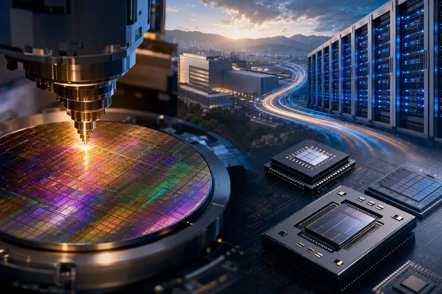 AI-generated editorial illustration accompanying an article about TSMC’s chipmaking expansion