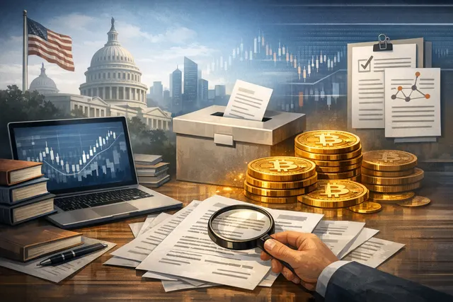 Digital illustration of a Bitcoin coin with Nasdaq-style chart lines and a SPAC merger document icon.