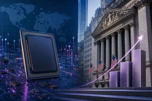 Editorial illustration representing a potential Solidigm semiconductor IPO, with memory chips and financial-market imagery