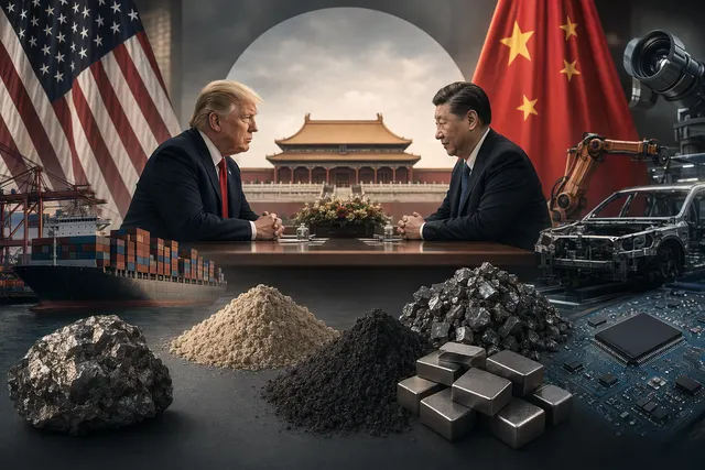 Editorial illustration representing the Trump–Xi Beijing summit and the geopolitical struggle over rare earth supply chains