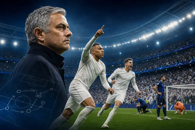 Editorial illustration of Real Madrid’s Champions League win over Inter Milan, featuring Kylian Mbappé and José Mourinho