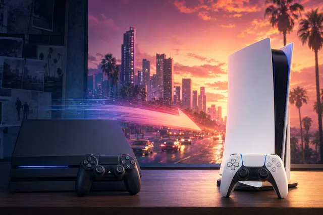 PS5 console and controller with GTA-inspired city lights for a PS4-to-PS5 upgrade guide