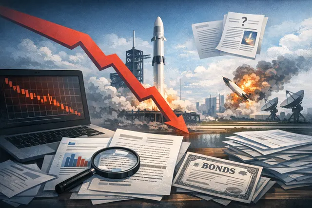 SpaceX rocket launch with stock market candlestick chart overlay symbolizing post-IPO stock crash