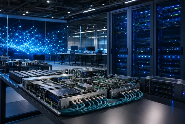 Concept illustration of a high‑performance AI data‑center network with interconnected GPU clusters and networking infrastructure