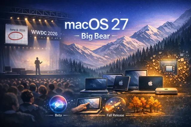 Digital illustration of a stylized macOS 27 desktop with Liquid Glass interface elements, a macOS 27 system icon, and a soft mountain landscape in the background representing the r