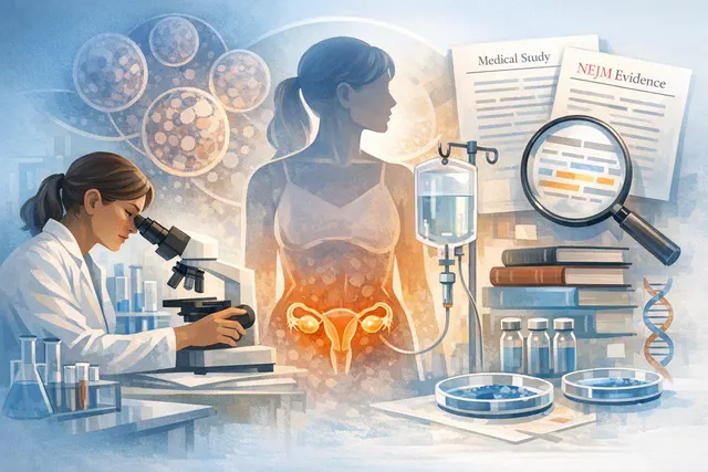 Conceptual illustration of an ovary with immune cells and follicles, representing the use of rituximab immunotherapy for autoimmune premature ovarian insufficiency.