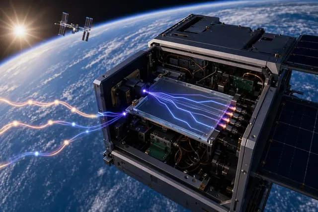 Illustration of a photonic quantum processor operating aboard a spacecraft in low Earth orbit