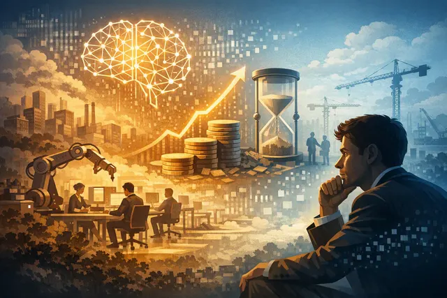 Editorial illustration of Sam Altman, AI models, data centers, and the slower adoption of artificial intelligence