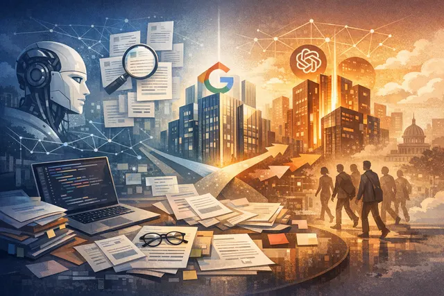 Abstract digital illustration of interconnected AI nodes forming a neural network, representing Google DeepMind's AI research and talent network.