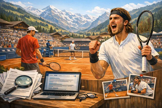 Stefanos Tsitsipas holding the trophy at the 2026 EFG Swiss Open Gstaad after defeating Raphaël Collignon in the final