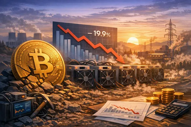 Bitcoin mining difficulty chart showing historic 19.9% decline from November 2025 peak to 126.23 trillion in July 2026, with hashrate rebound and miner pivot to AI infrastructure.