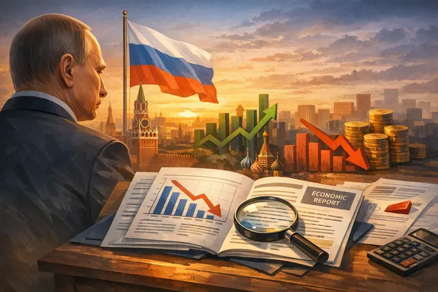 Illustration of Vladimir Putin speaking at a meeting with economic charts and data in the background, representing fact-checking of Russia's 2026 economic stability claims.