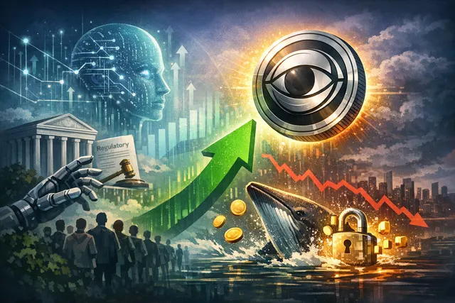 Worldcoin WLD token price breakout concept with green upward arrows and market data charts against a dark digital backdrop