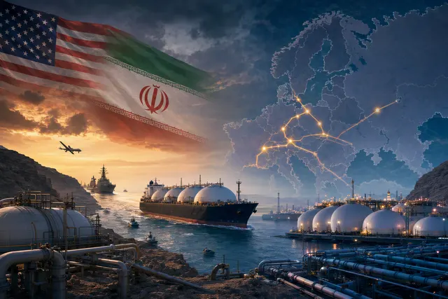 Editorial illustration of European gas market risk linked to LNG disruption through the Strait of Hormuz