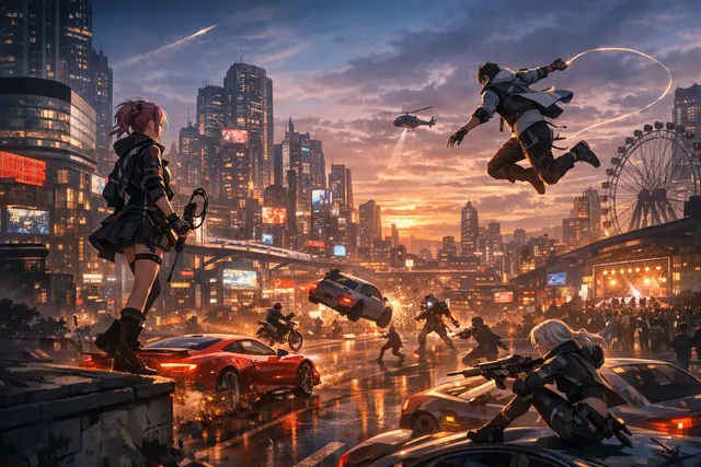 Anime-styled urban open-world RPG scene representing Ananta, with futuristic city exploration and high-mobility traversal