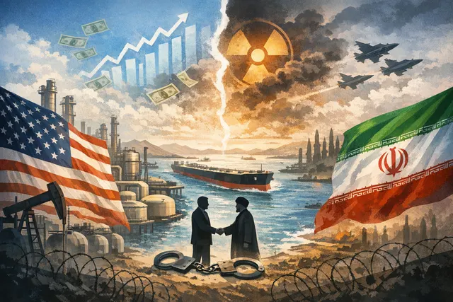 Geopolitical map illustrating the Strait of Hormuz and tensions between the U.S. and Iran in a news-style illustration
