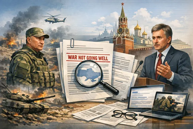 Analytical graphic summarizing the Kremlin's July 2026 shift in rhetoric, depicting Putin's front-line visit and the 'real war' admission.