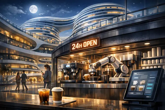 AI-generated illustration of a robotic coffee shop serving drinks in Beijing