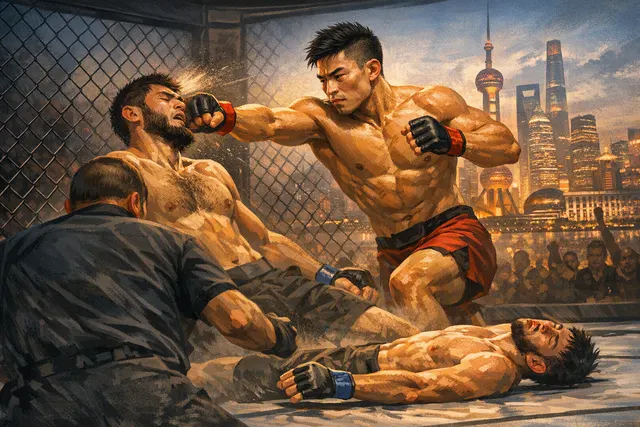 Illustrated UFC bantamweight scene showing Song Yadong celebrating his second-round knockout of Umar Nurmagomedov in Shanghai