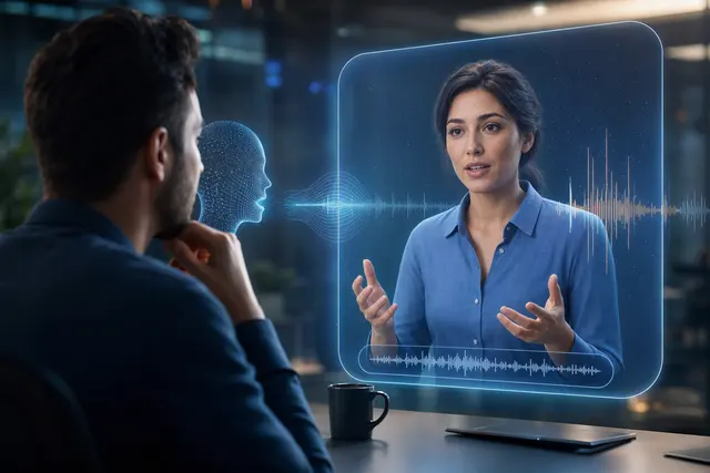 Illustration representing a conversational AI avatar with a speaking video presence