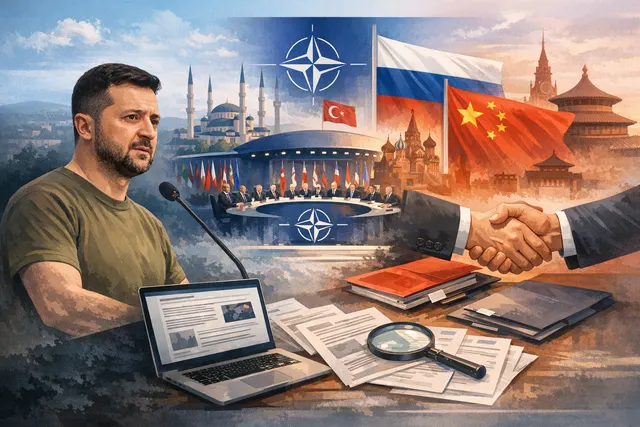A stylized editorial image of the NATO summit in Ankara, with silhouettes of world leaders around a conference table, a map of Ukraine, and flags of the United States, China, and U