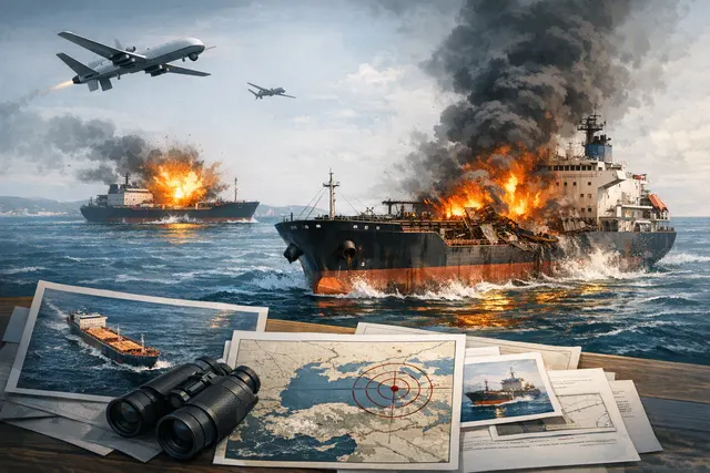 Editorial illustration of drone attacks threatening commercial ships in the Black Sea