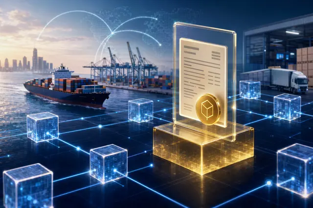 Concept illustration of blockchain tokenization of supply‑chain invoices and cross‑border payments