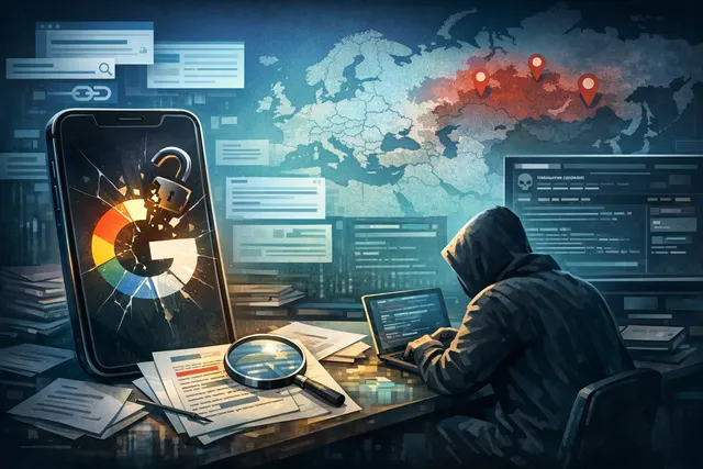 Abstract digital illustration of a command-line interface with glowing code representing a jailbroken AI agent orchestrating a botnet migration.