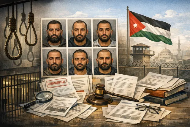 An abstract depiction of gavel and scales of justice representing capital punishment in Jordan.