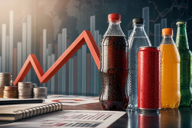 Editorial illustration of Coca-Cola HBC beverage cases showing strong volumes and pricing pressure in Q1 2026