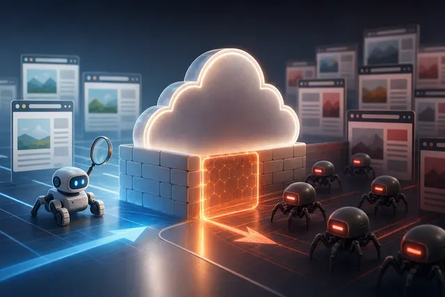 Editorial illustration representing Cloudflare’s AI crawler controls for search, training and agent traffic