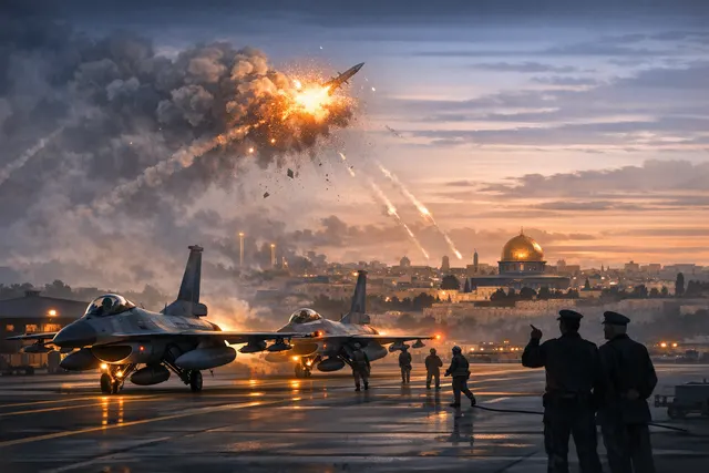 Israeli fighter jet on a runway at dusk, symbolizing the last-minute halt of a major strike on Iran after a phone call from President Trump in June 2026.