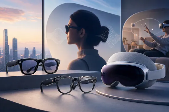 Editorial illustration representing Meta’s smart glasses and VR announcements at Connect 2026