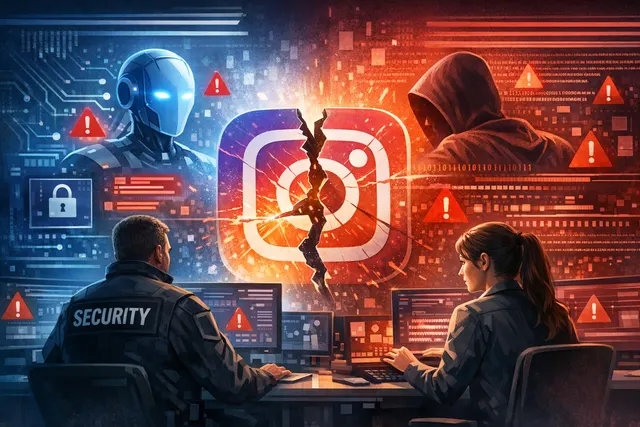 Abstract visualization of Instagram security flaws in 2026 showing a digital lock fractured by AI chatbot prompt injection and password-reset data leaks