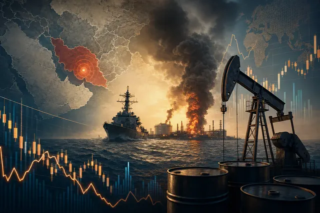 Editorial illustration of oil-market volatility amid reported military escalation involving Iran