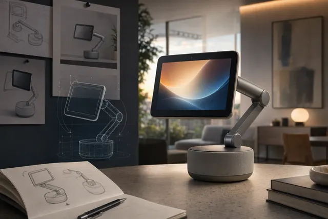Conceptual illustration of a smart-home display on a motorized arm that can turn toward a speaker