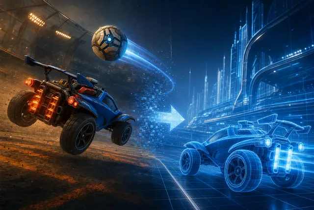 Rocket League-style cars competing in a futuristic stadium, illustrating the game’s Unreal Engine 6 rebuild