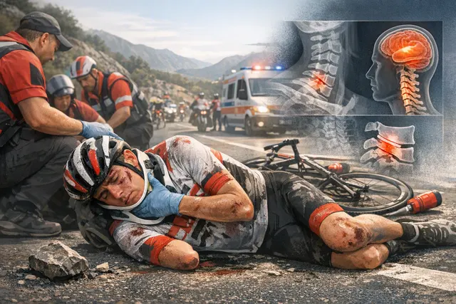 Illustration of Tadej Pogačar’s crash and abandonment during Stage 8 of the 2026 Vuelta a España