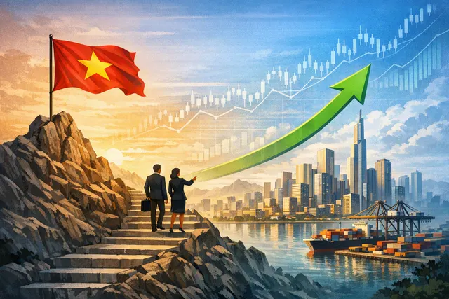 Editorial illustration of Vietnam’s transition from frontier to secondary emerging-market status under FTSE Russell
