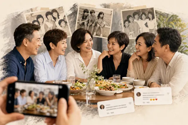 AI-generated editorial illustration accompanying an article about the Growing Up cast reunion