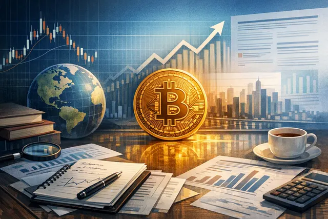 Editorial illustration of Bitcoin beside market charts and Federal Reserve symbols, representing Grayscale’s long-term Bitcoin thesis