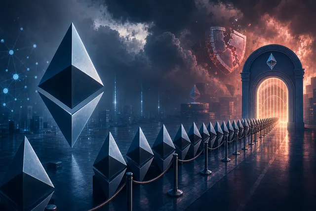 Abstract editorial illustration of Ethereum validators waiting in an exit queue for unstaking.
