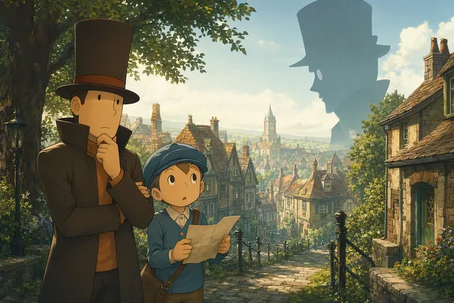 Professor Layton and Luke in an editorial illustration for the Curious Village Remake announcement