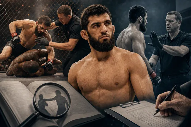 AI-generated editorial illustration for the Khusein Askhabov and Reinaldo Ekson bout and its overturned result