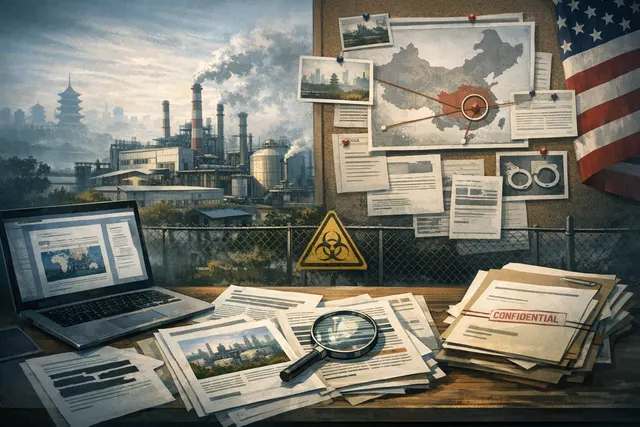 A conceptual image showing a globe with highlighted connections between Wuhan, Nagoya, and the United States, overlaid with blockchain transaction symbols and chemical structure ic