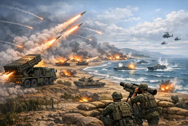 Taiwan Thunderbolt-2000 multiple launch rocket system firing during a live-fire coastal defense drill in heavy rain near Taichung
