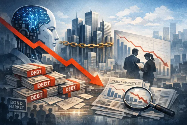 Abstract visualization of a bond market chart with data nodes and lines representing AI-related debt issuance growth
