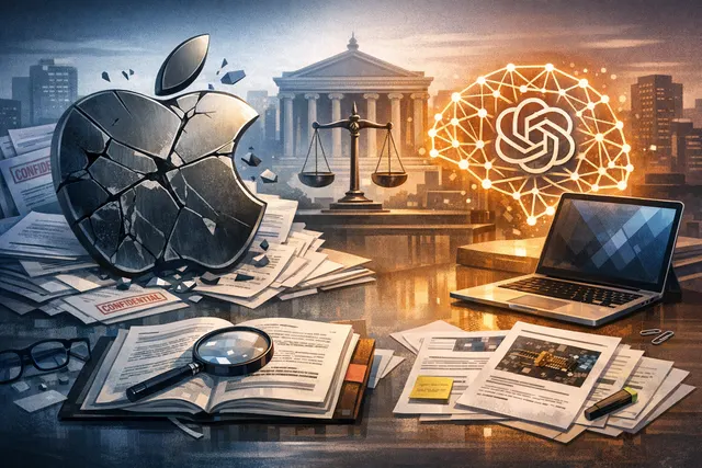 Abstract depiction of the legal clash between Apple and OpenAI, featuring stylized courtroom scales, a gavel, and the logos of both companies in a high-contrast digital art style.