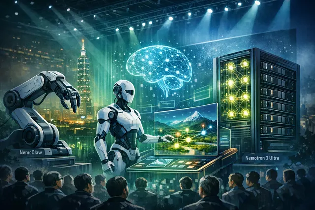 Abstract visualization of NVIDIA's Agent Toolkit components including NemoClaw, OpenShell, Nemotron 3 Ultra, and CUDA-X libraries forming an interconnected enterprise AI agent stac